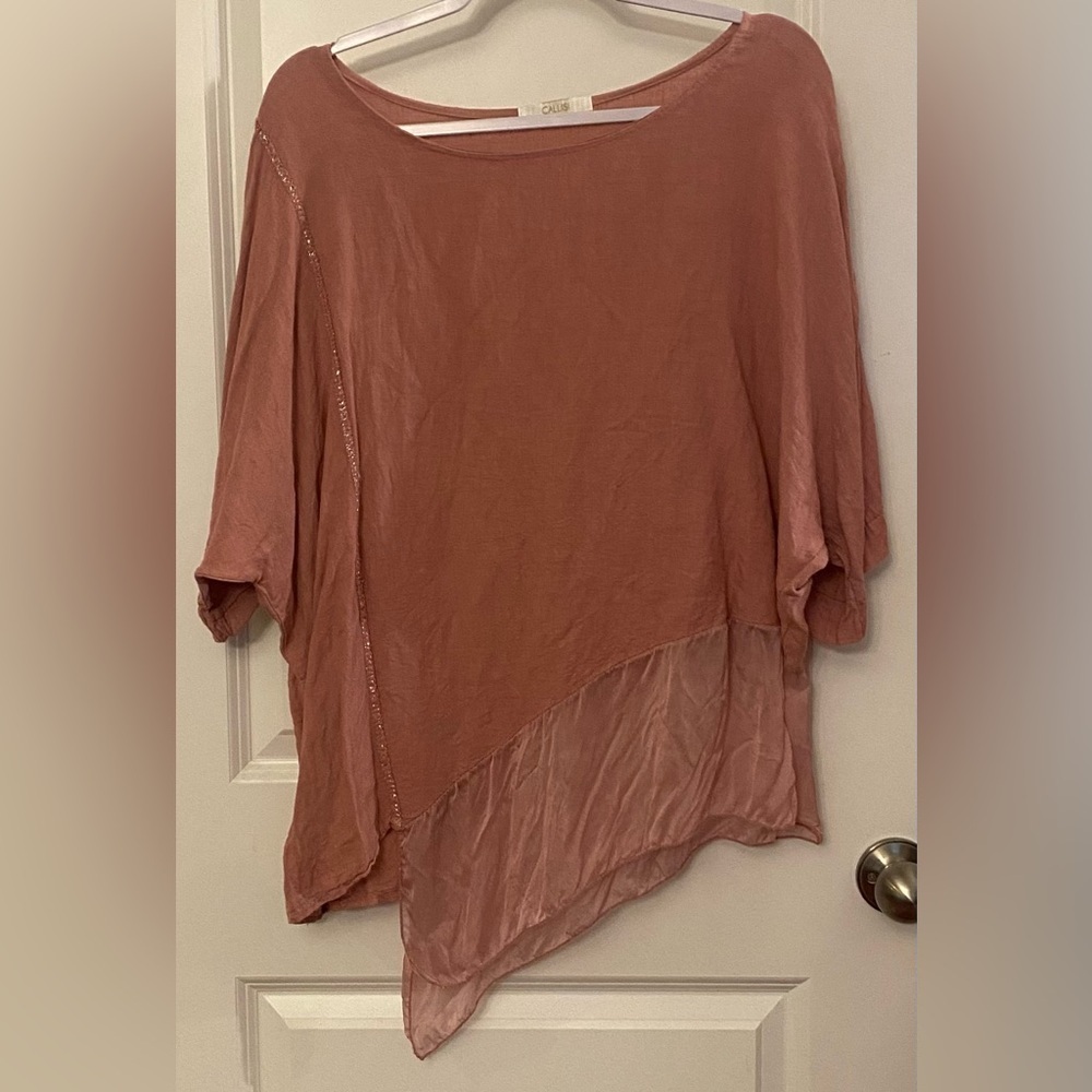 Callisi Blouse/Tunic No Size Dusty Rose 3/4 Sleeves Linen Blend Sheer Bottom